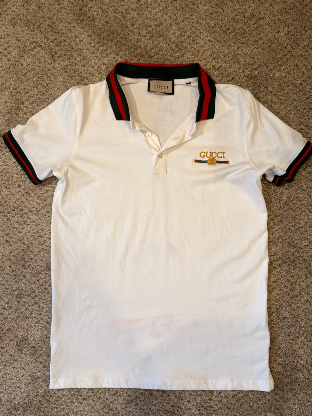 White Polo with Red and Green Stripe Trim